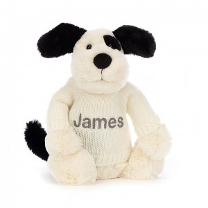 Jellycat Bashful Black & Cream Puppy with Personalised Cream Jumper Medium | BUQDC1905