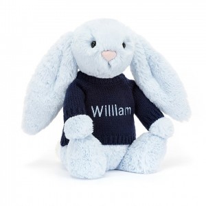 Jellycat Bashful Blue Bunny with Personalised Navy Jumper Medium | CJTGF4257