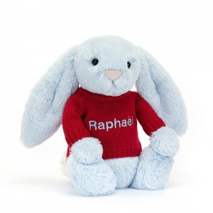 Jellycat Bashful Blue Bunny with Personalised Red Jumper Medium | SERCD2046