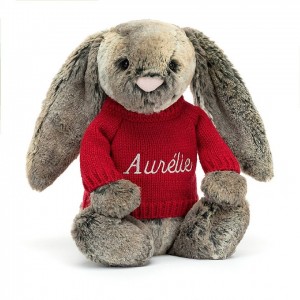 Jellycat Bashful Cottontail Bunny with Personalised Red Jumper Medium | AUQTP2531