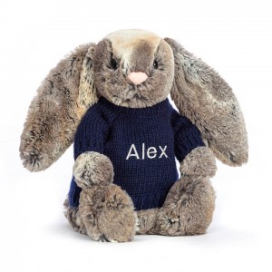 Jellycat Bashful Cottontail Bunny with Personalised Navy Jumper Medium | NTZHW0489
