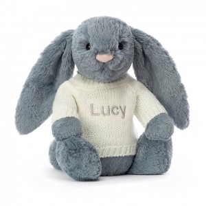 Jellycat Bashful Dusky Blue Bunny with Personalised Cream Jumper Medium | MUFGN9783