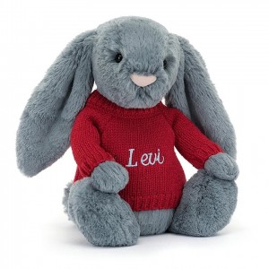 Jellycat Bashful Dusky Blue Bunny with Personalised Red Jumper Medium | FXMVG9760