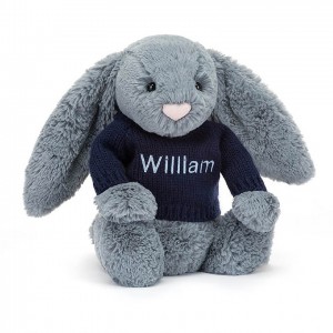 Jellycat Bashful Dusky Blue Bunny with Personalised Navy Jumper Medium | FLUZE5824