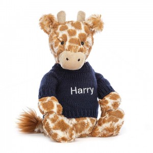 Jellycat Bashful Giraffe with Personalised Navy Jumper Medium | AOPNL0794