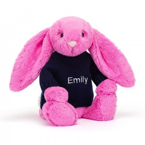 Jellycat Bashful Hot Pink Bunny with Personalised Navy Jumper Medium | IGLKM5893