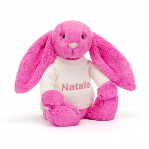 Jellycat Bashful Hot Pink Bunny with Personalised Cream Jumper Medium | VTHPW4350