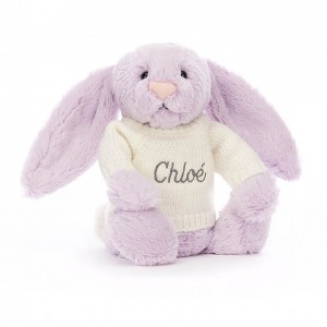 Jellycat Bashful Lilac Bunny with Personalised Cream Jumper Medium | QYFMO0954