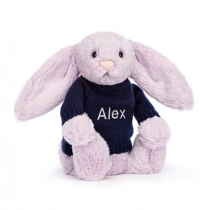 Jellycat Bashful Lilac Bunny with Personalised Navy Jumper Medium | LTXAV9108