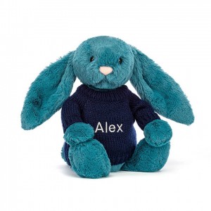 Jellycat Bashful Mineral Blue Bunny with Personalised Navy Jumper Medium | ETZWV0581