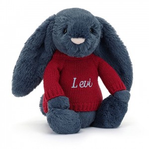 Jellycat Bashful Navy Bunny with Personalised Red Jumper Medium | QYBXK5304