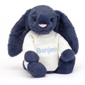 Jellycat Bashful Navy Bunny with Personalised Cream Jumper Medium | XKDVA5936