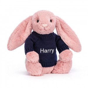 Jellycat Bashful Petal Bunny with Personalised Navy Jumper Medium | YPHAW6591