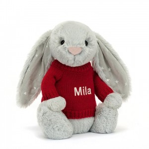 Jellycat Bashful Shimmer Bunny with Personalised Red Jumper Medium | BSCGI5083