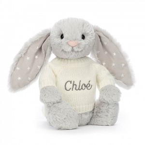 Jellycat Bashful Shimmer Bunny with Personalised Cream Jumper Medium | BQELH1352