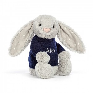 Jellycat Bashful Shimmer Bunny with Personalised Navy Jumper Medium | JZARY1045