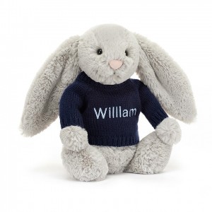 Jellycat Bashful Silver Bunny with Personalised Navy Jumper Medium | DCPJS4609