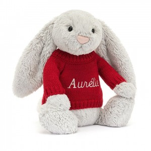 Jellycat Bashful Silver Bunny with Personalised Red Jumper Medium | MTJGW6029