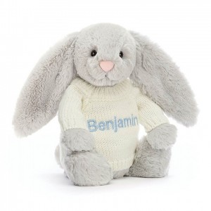 Jellycat Bashful Silver Bunny with Personalised Cream Jumper Medium | BENTK8591