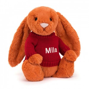 Jellycat Bashful Tangerine Bunny with Personalised Red Jumper Medium | RUFAY4189