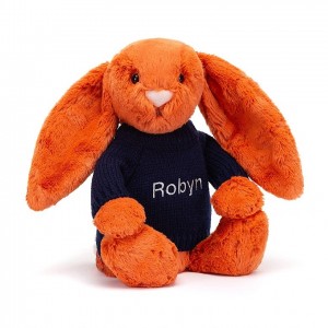 Jellycat Bashful Tangerine Bunny with Personalised Navy Jumper Medium | CEMRI2860