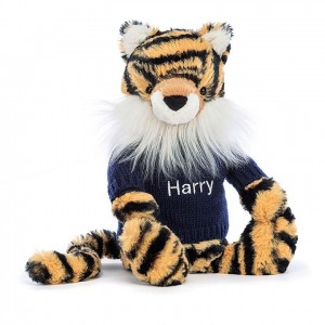 Jellycat Bashful Tiger with Personalised Navy Jumper Medium | IGWHT8051