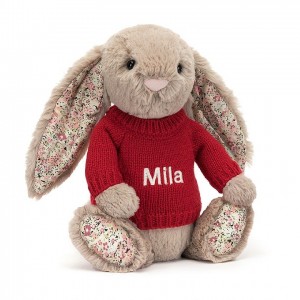 Jellycat Blossom Bea Beige Bunny with Personalised Red Jumper Medium | PEDQF3856