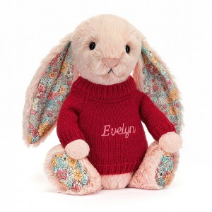 Jellycat Blossom Blush Bunny with Personalised Red Jumper Medium | ICDUB1207