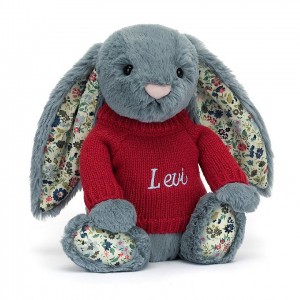 Jellycat Blossom Dusky Blue Bunny with Personalised Red Jumper Medium | NGOCY3694