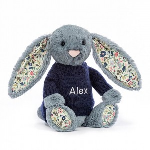 Jellycat Blossom Dusky Blue with Personalised Navy Jumper Medium | QRYTV3758