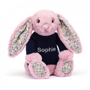 Jellycat Blossom Tulip Bunny with Personalised Navy Jumper Medium | ZBVDN5469