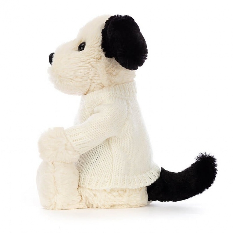 Jellycat Bashful Black & Cream Puppy with Personalised Cream Jumper Medium | KOZDL1308