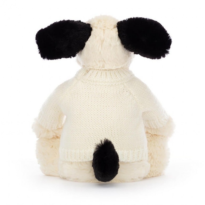 Jellycat Bashful Black & Cream Puppy with Personalised Cream Jumper Medium | KOZDL1308