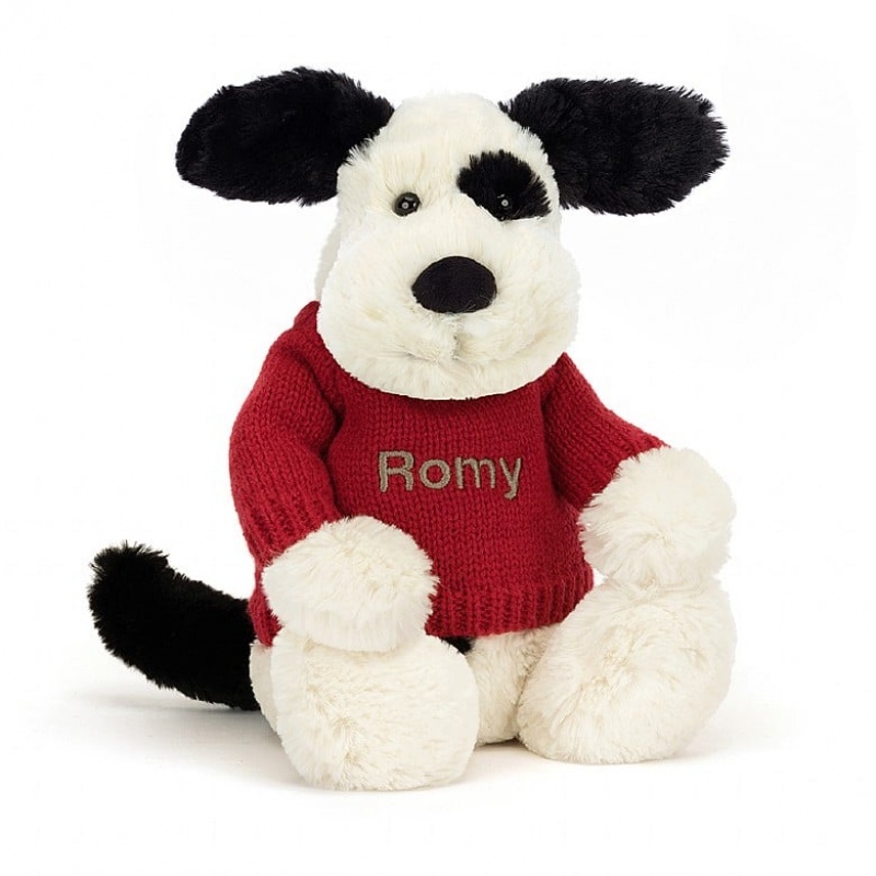 Jellycat Bashful Black & Cream Puppy with Personalised Red Jumper Medium | DPFHZ4156