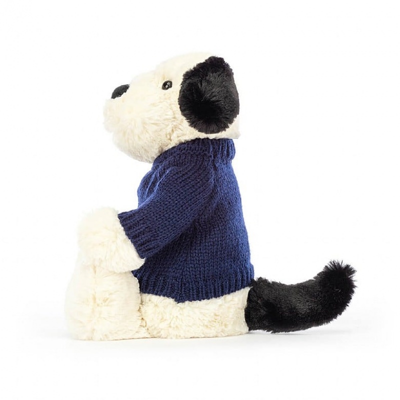 Jellycat Bashful Black & Cream Puppy with Personalised Navy Jumper Medium | UFJPH5317