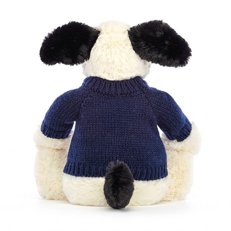 Jellycat Bashful Black & Cream Puppy with Personalised Navy Jumper Medium | UFJPH5317