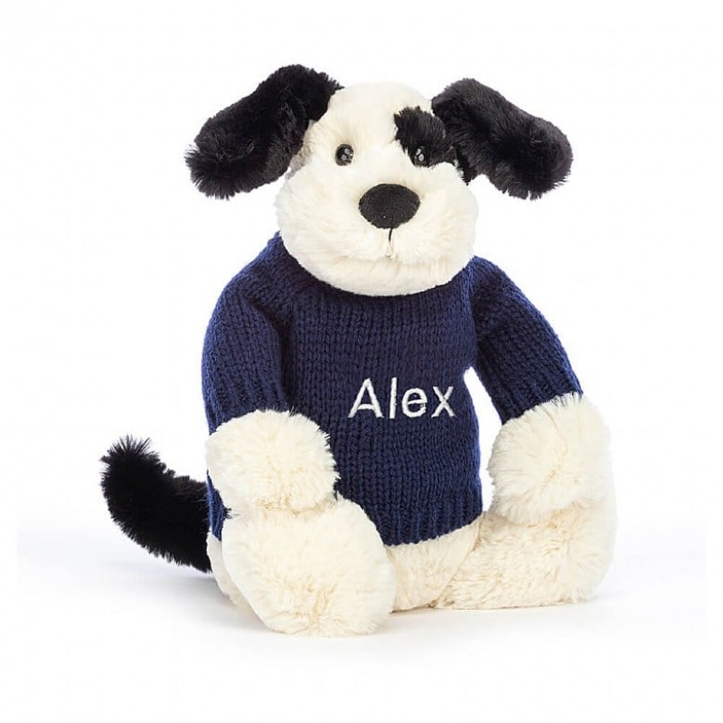 Jellycat Bashful Black & Cream Puppy with Personalised Navy Jumper Medium | UFJPH5317