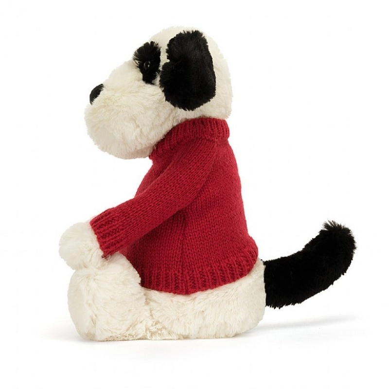 Jellycat Bashful Black & Cream Puppy with Personalised Red Jumper Medium | EFAPC8024