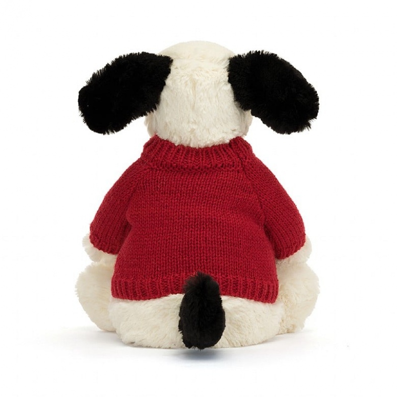 Jellycat Bashful Black & Cream Puppy with Personalised Red Jumper Medium | EFAPC8024