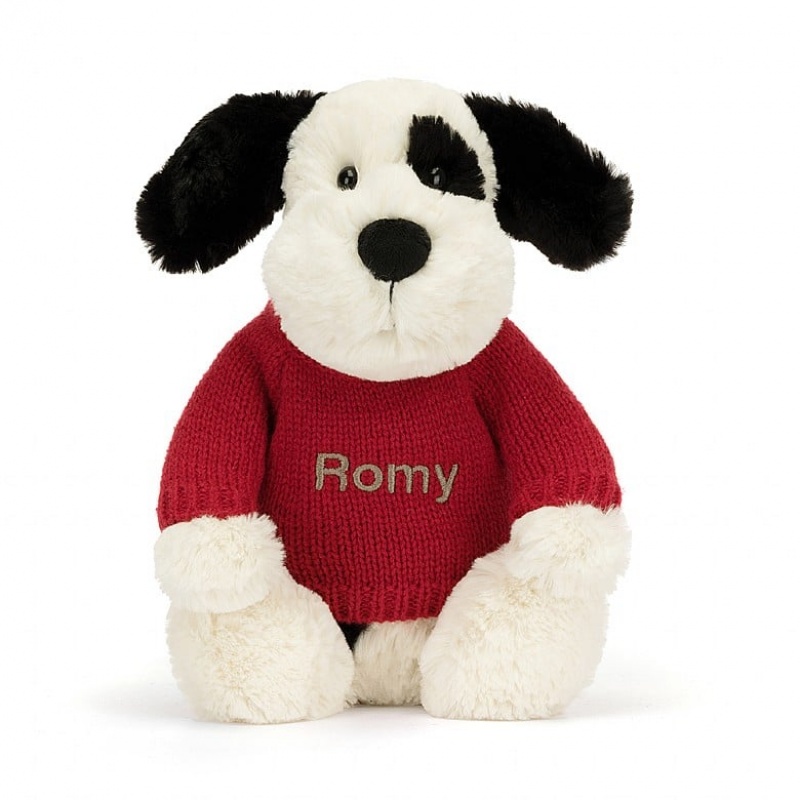 Jellycat Bashful Black & Cream Puppy with Personalised Red Jumper Medium | EFAPC8024