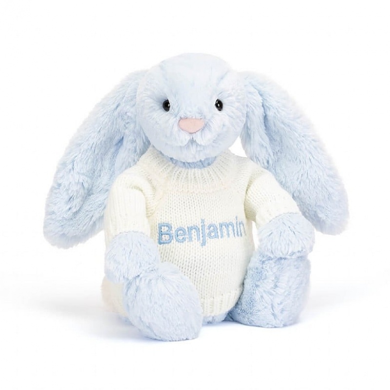 Jellycat Bashful Blue Bunny with Personalised Cream Jumper Medium | RENTC9427