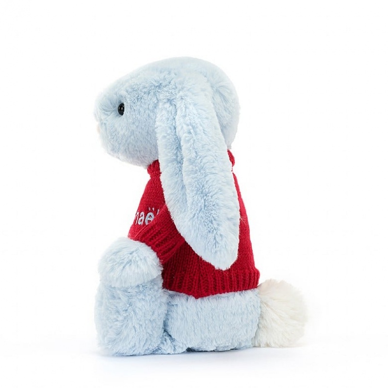 Jellycat Bashful Blue Bunny with Personalised Red Jumper Medium | SERCD2046