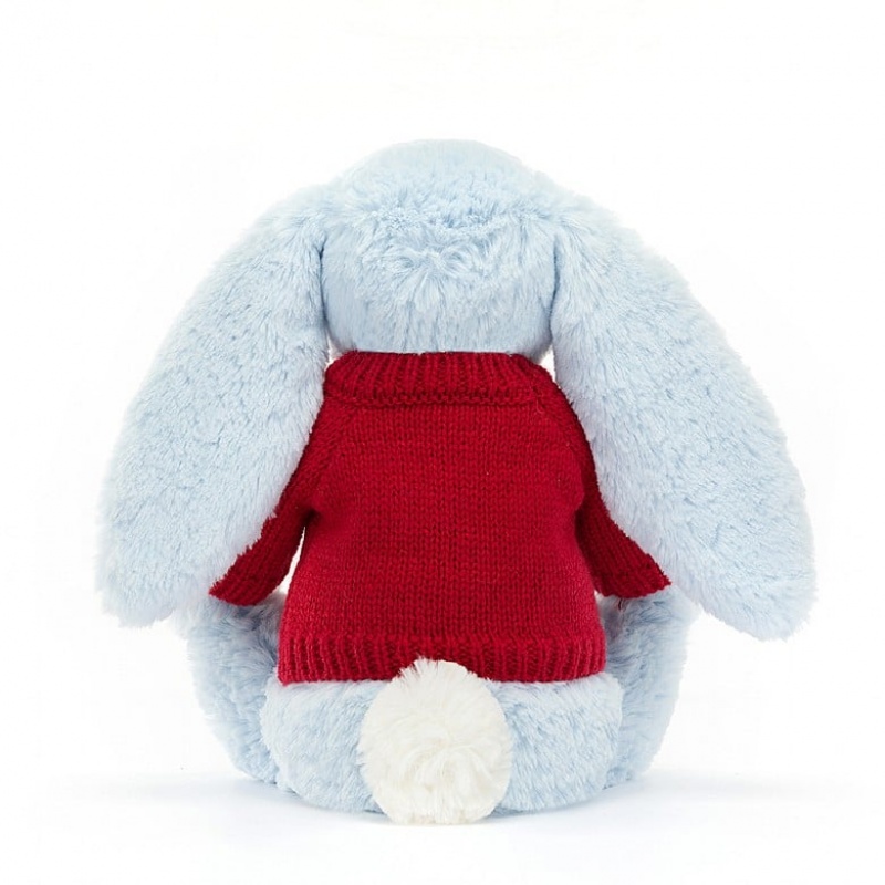 Jellycat Bashful Blue Bunny with Personalised Red Jumper Medium | SERCD2046