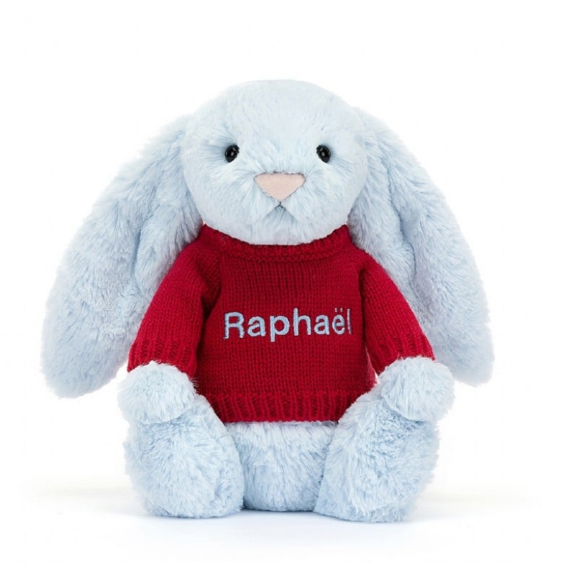 Jellycat Bashful Blue Bunny with Personalised Red Jumper Medium | SERCD2046