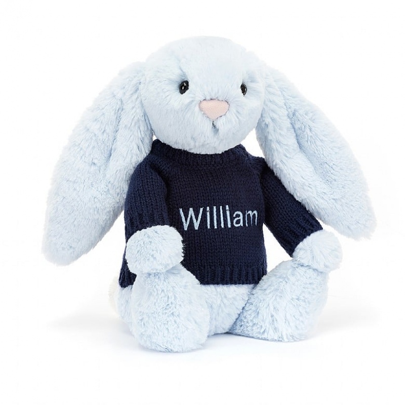 Jellycat Bashful Blue Bunny with Personalised Navy Jumper Medium | SIHQX1869