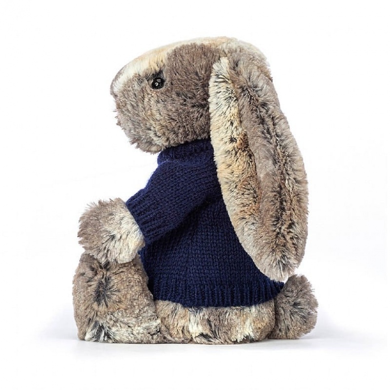 Jellycat Bashful Cottontail Bunny with Personalised Navy Jumper Medium | UXTQR0135