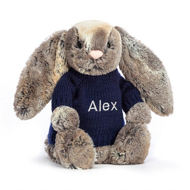 Jellycat Bashful Cottontail Bunny with Personalised Navy Jumper Medium | UXTQR0135