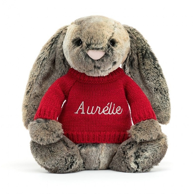 Jellycat Bashful Cottontail Bunny with Personalised Red Jumper Medium | AUQTP2531