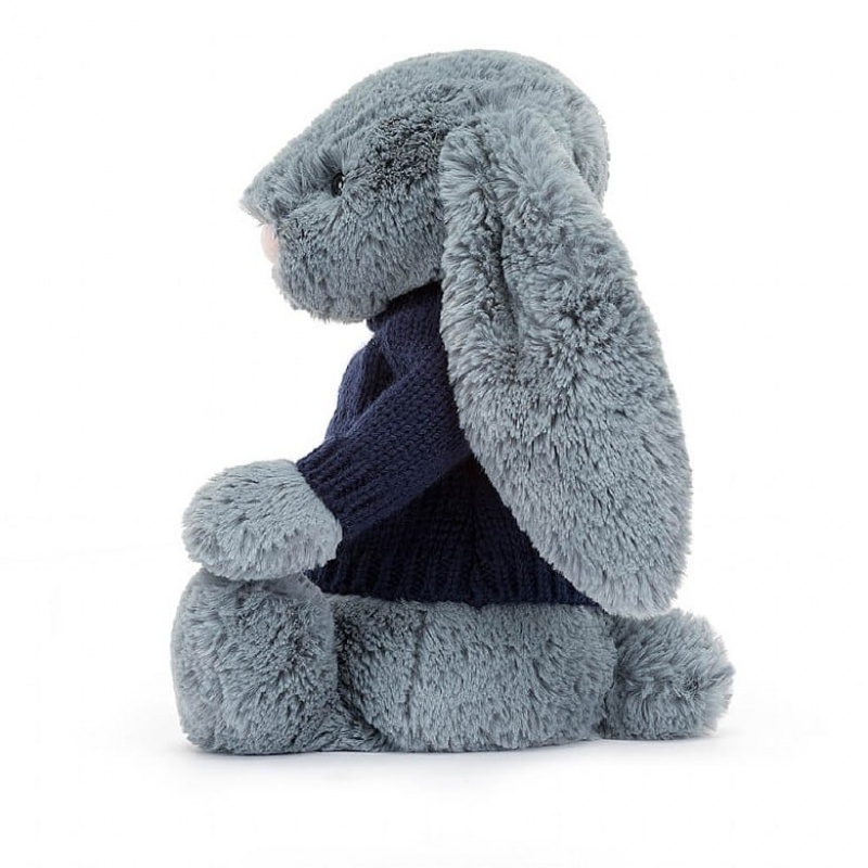 Jellycat Bashful Dusky Blue Bunny with Personalised Navy Jumper Medium | VCBYF5879