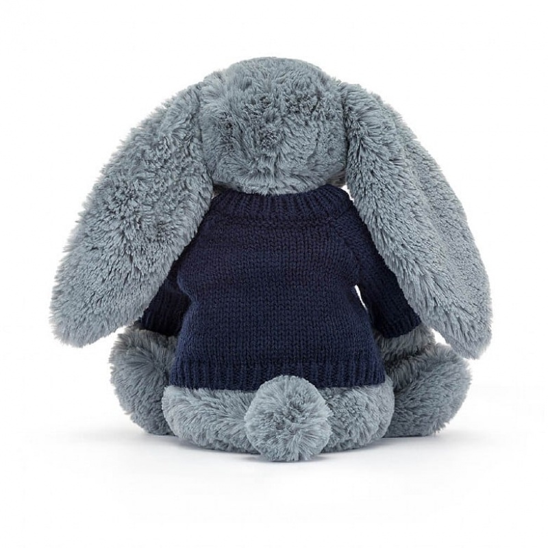 Jellycat Bashful Dusky Blue Bunny with Personalised Navy Jumper Medium | VCBYF5879